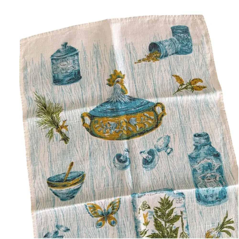 Vintage Rooster Mushrooms Canisters Linen Tea Towel Turquoise Harvest Gold Green